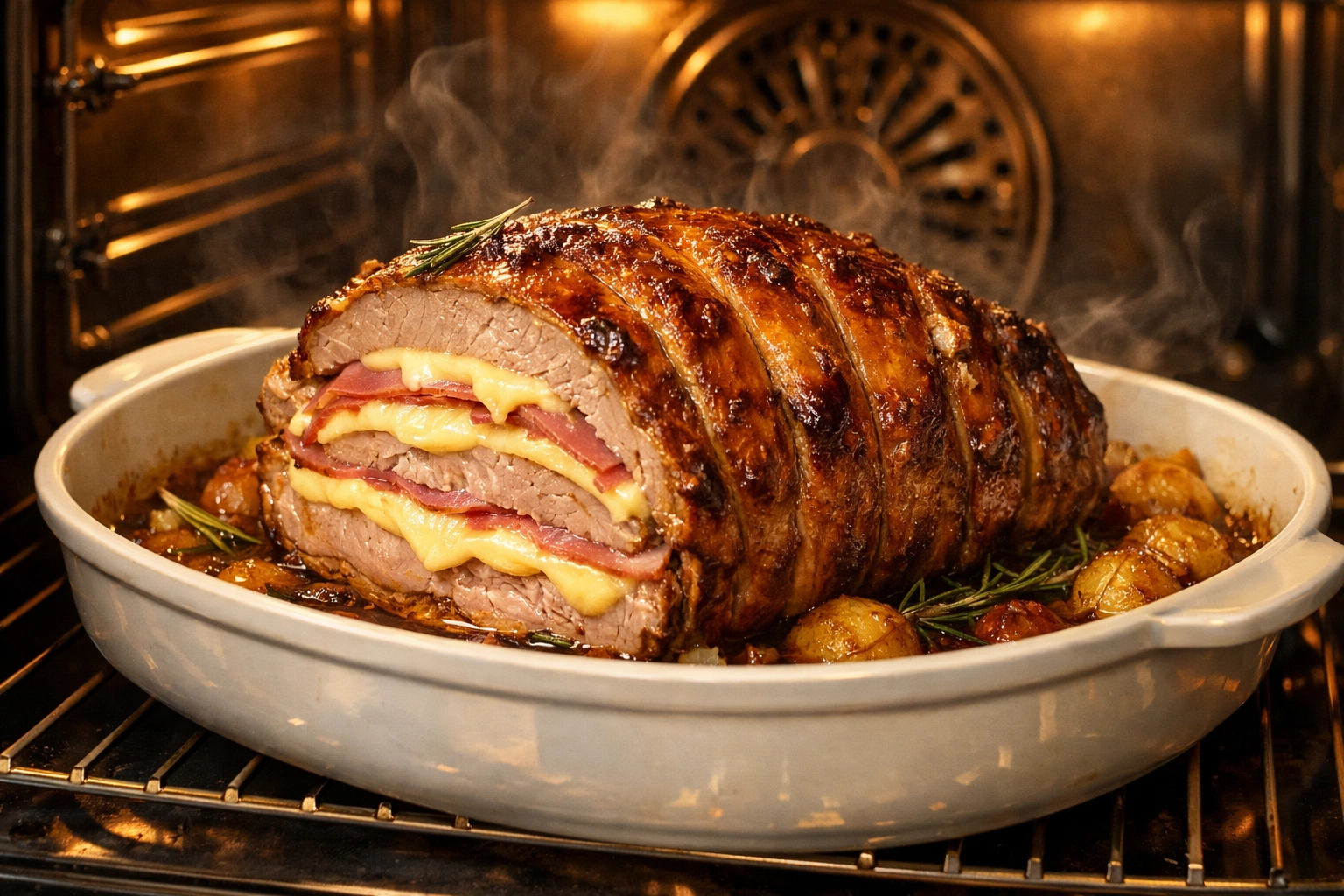 Rôti de veau Orloff doré au four, tranché avec fromage fondu et jambon, fumant dans un plat de cuisson.
