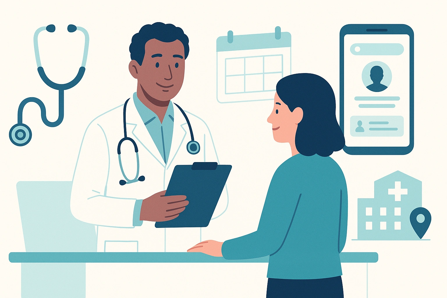 Médecin généraliste souriant à l’accueil, patiente et recherche de rendez-vous sur smartphone.