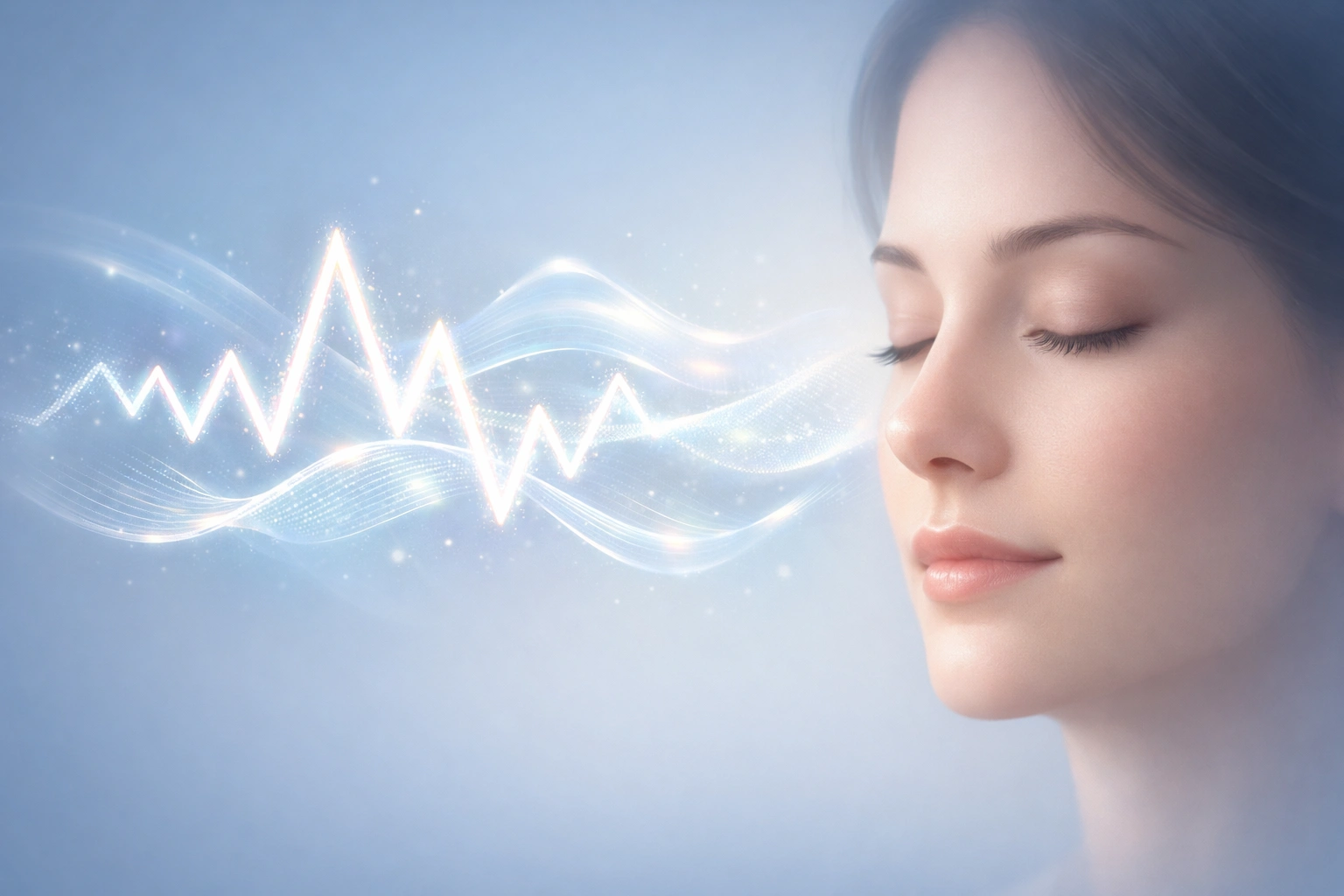 Visage humain apaisé de profil, yeux fermés, avec motifs lumineux en zigzag flottant doucement devant la vision.