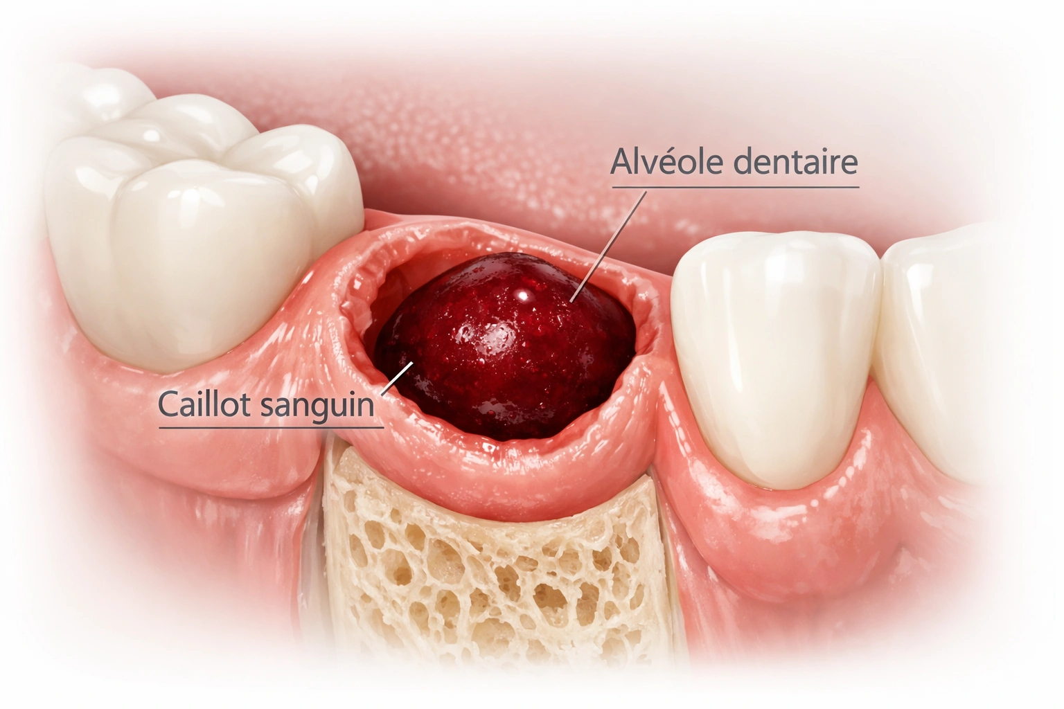 Illustration d’un caillot sanguin dans l’alvéole après une extraction dentaire récente.