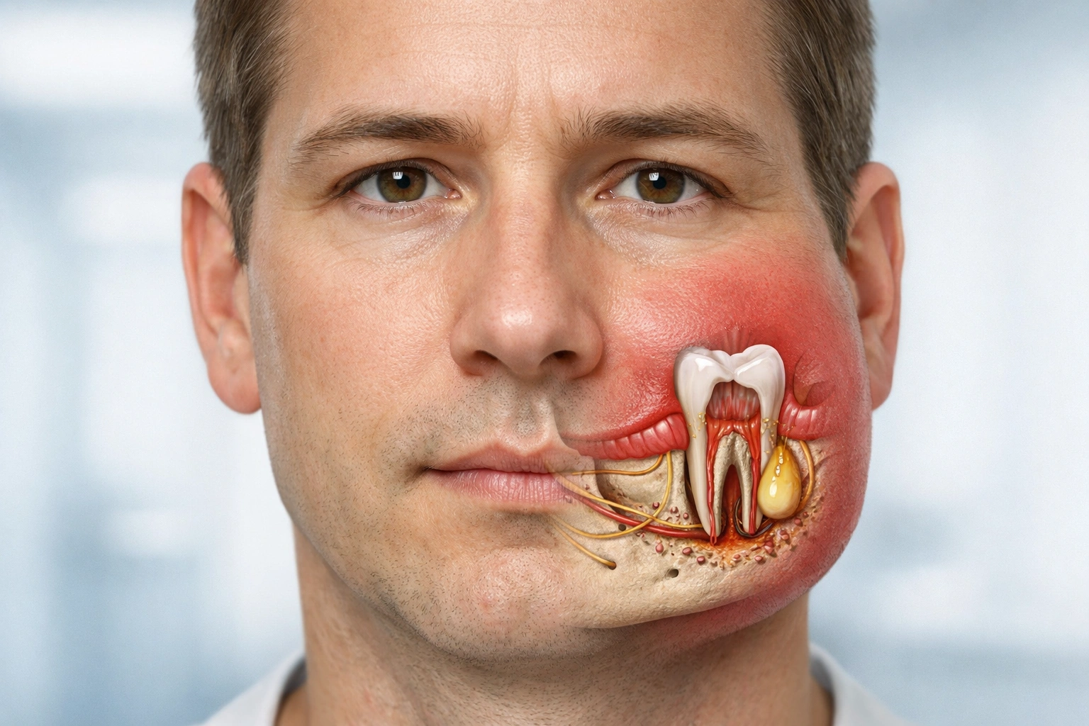 Illustration médicale d’un visage adulte avec joue gonflée montrant un abcès dentaire interne.