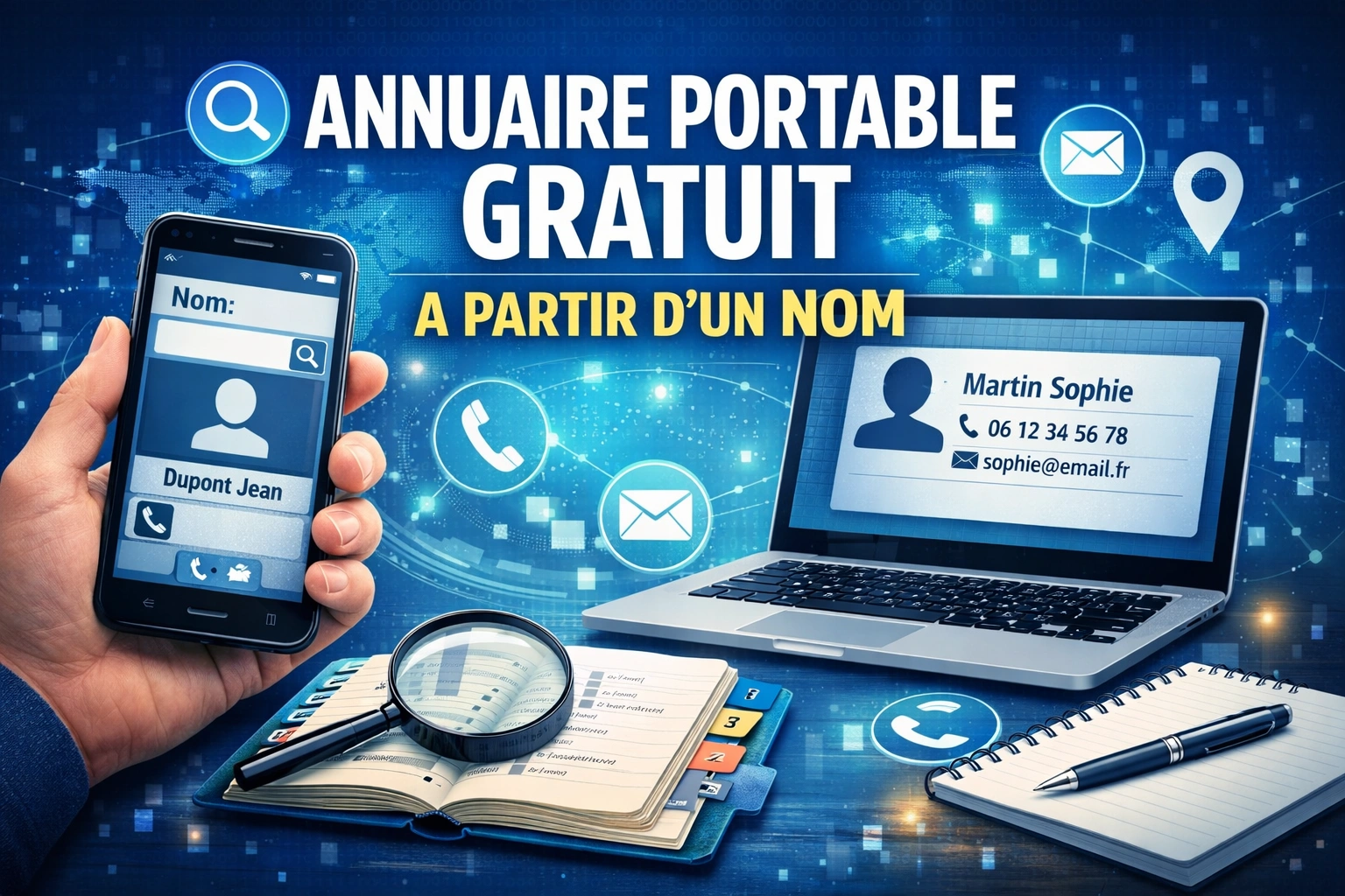 Illustration d’un annuaire numérique avec smartphone, recherche par nom et contacts affichés.