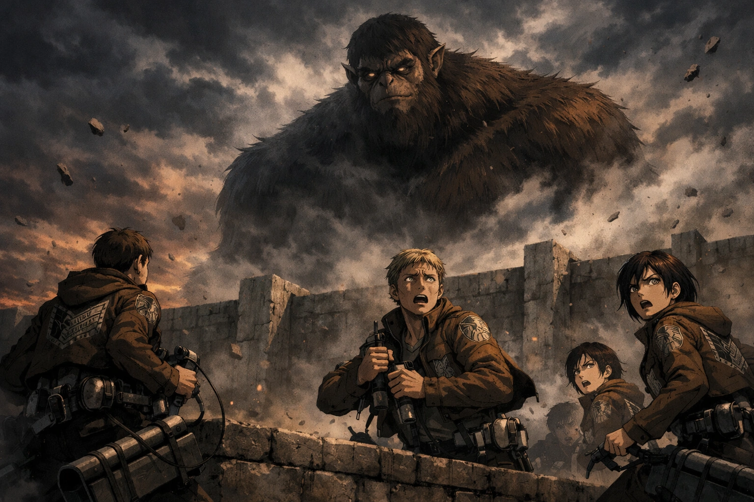 Le Titan Bestial domine un mur fortifié tandis que des soldats paniqués brandissent leur équipement.