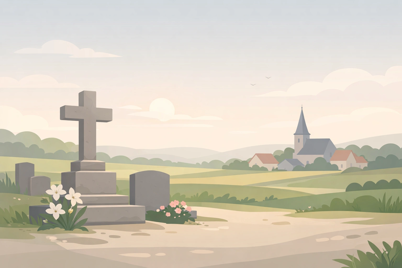 Cimetière paisible à la campagne française avec croix en pierre, fleurs discrètes et église au loin sous une lumière douce.
