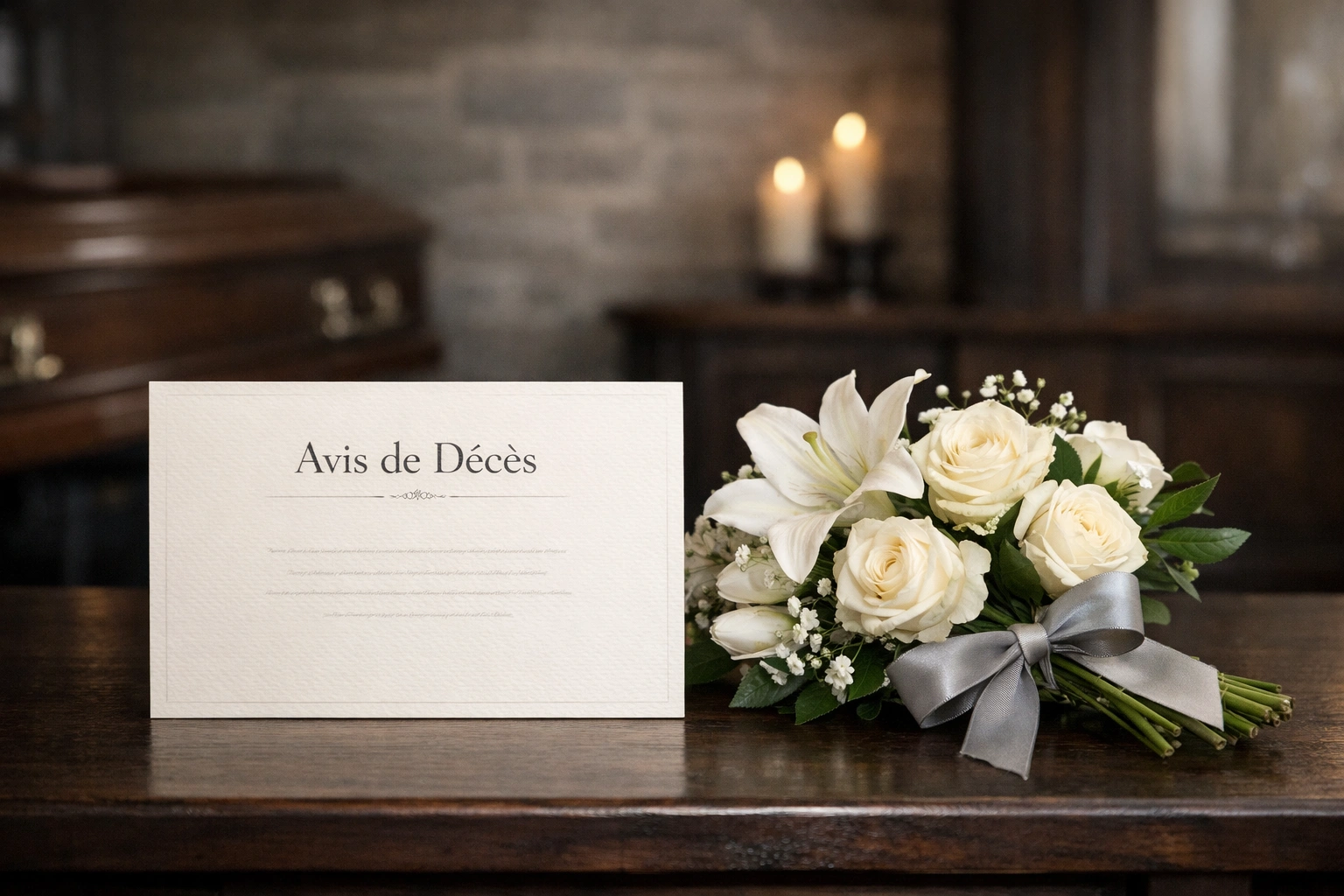 Avis de décès posé près de fleurs blanches dans un salon funéraire français, ambiance sobre et apaisante discrète calme.