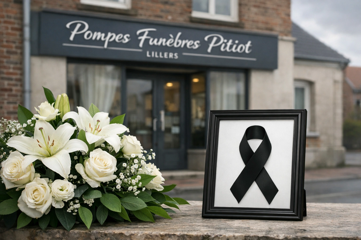 Façade d’une pompe funèbre à Lillers avec fleurs blanches et ruban noir, ambiance sobre et recueillie.