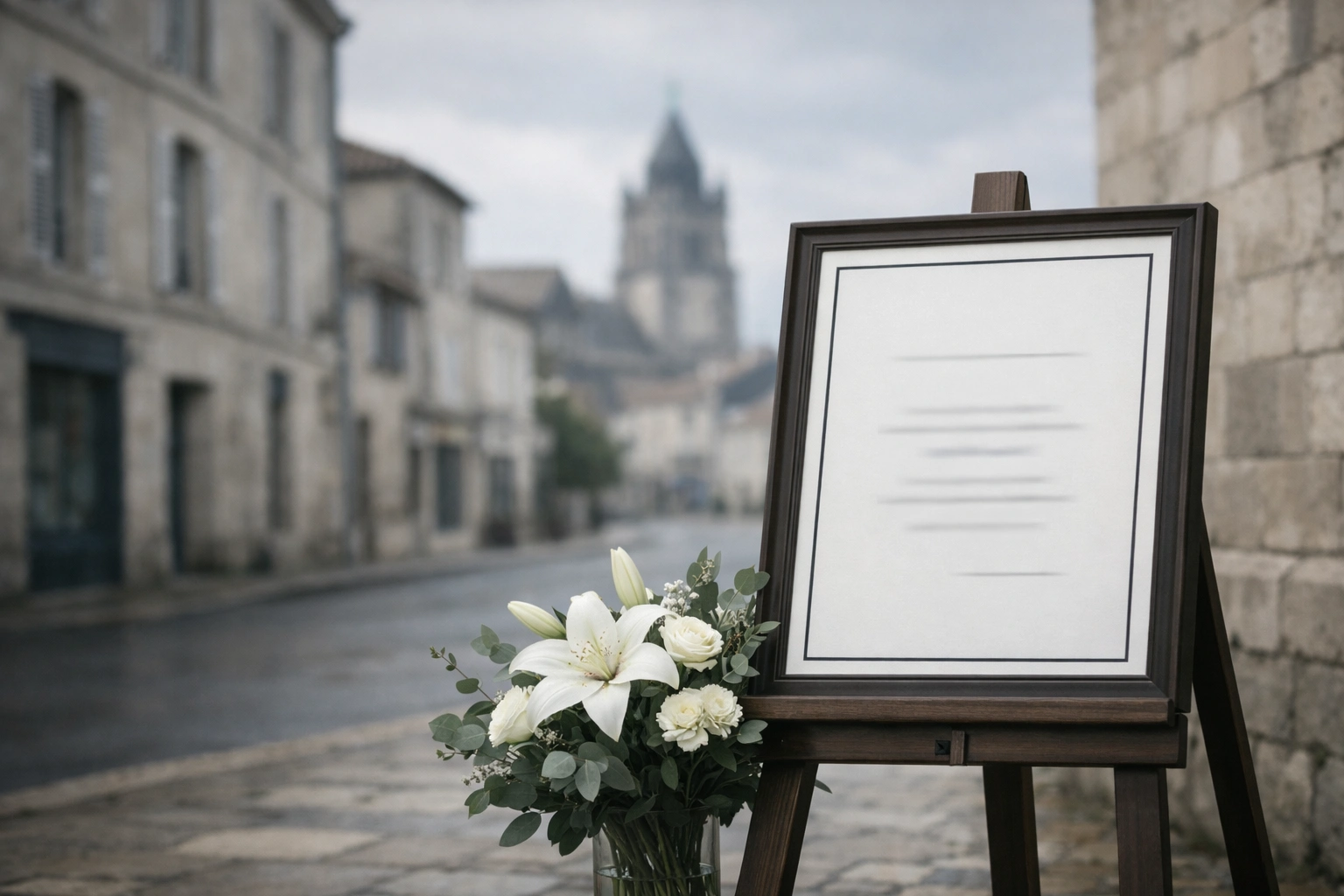 Avis de décès sobre dans une rue de Saintes, avec fleurs blanches et église floue en arrière-plan.