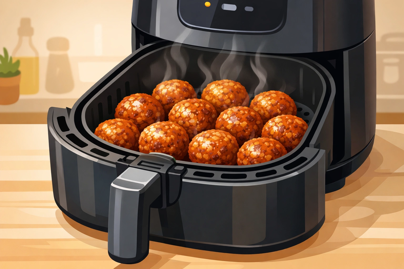 Illustration 2D d’un air fryer moderne rempli de boulettes de viande dorées et fumantes sur un plan de cuisine.