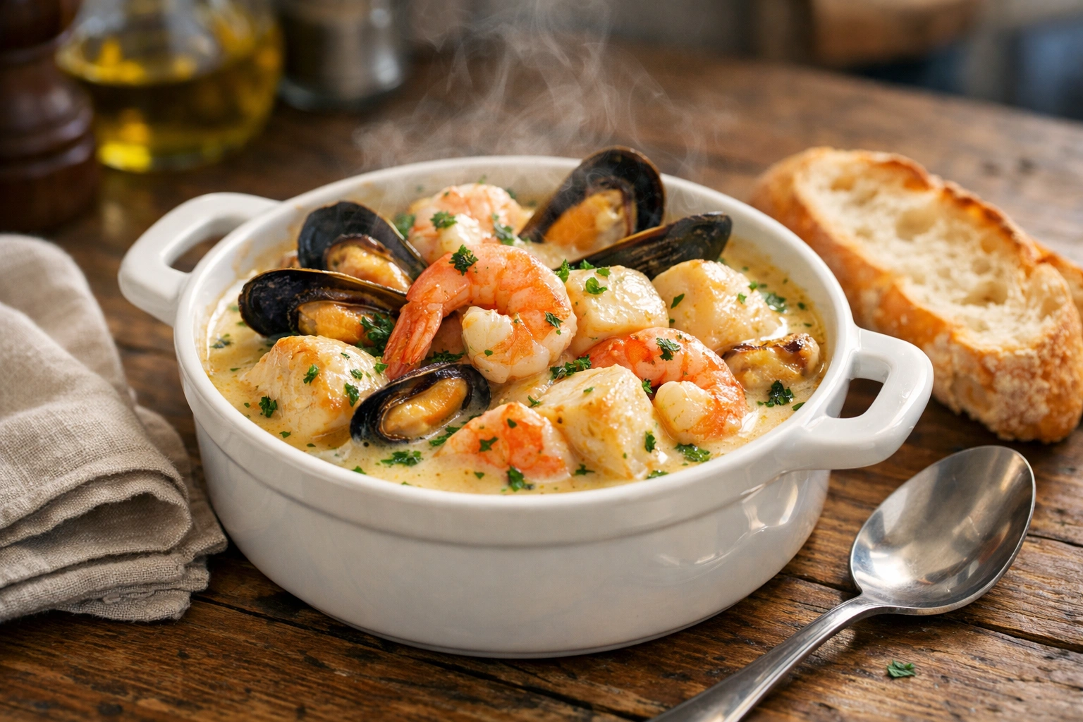 Cassolette de fruits de mer crémeuse avec crevettes, moules et noix de Saint-Jacques fumantes maison.