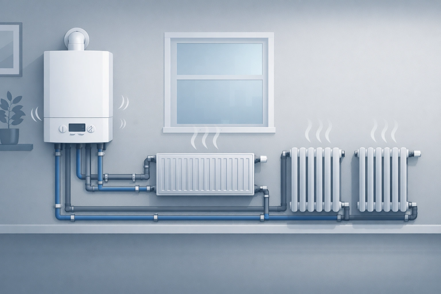 Illustration d’un système de chauffage domestique avec chaudière active et radiateurs froids connectés par des tuyaux.