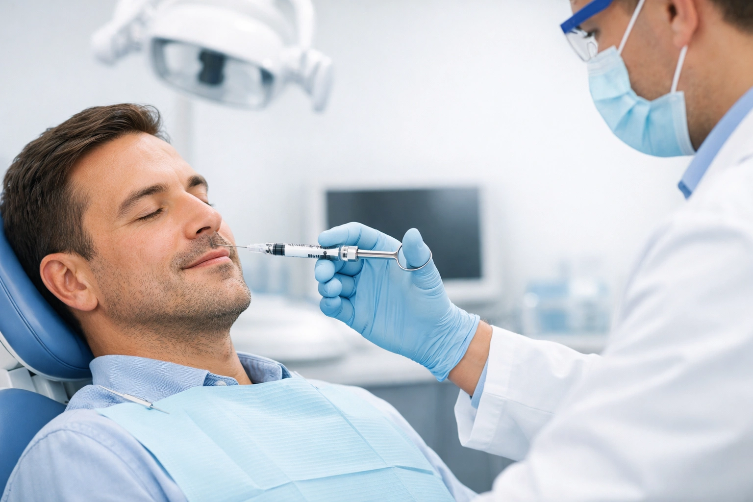 Patient détendu recevant une injection d’anesthésie dentaire par un dentiste professionnel.