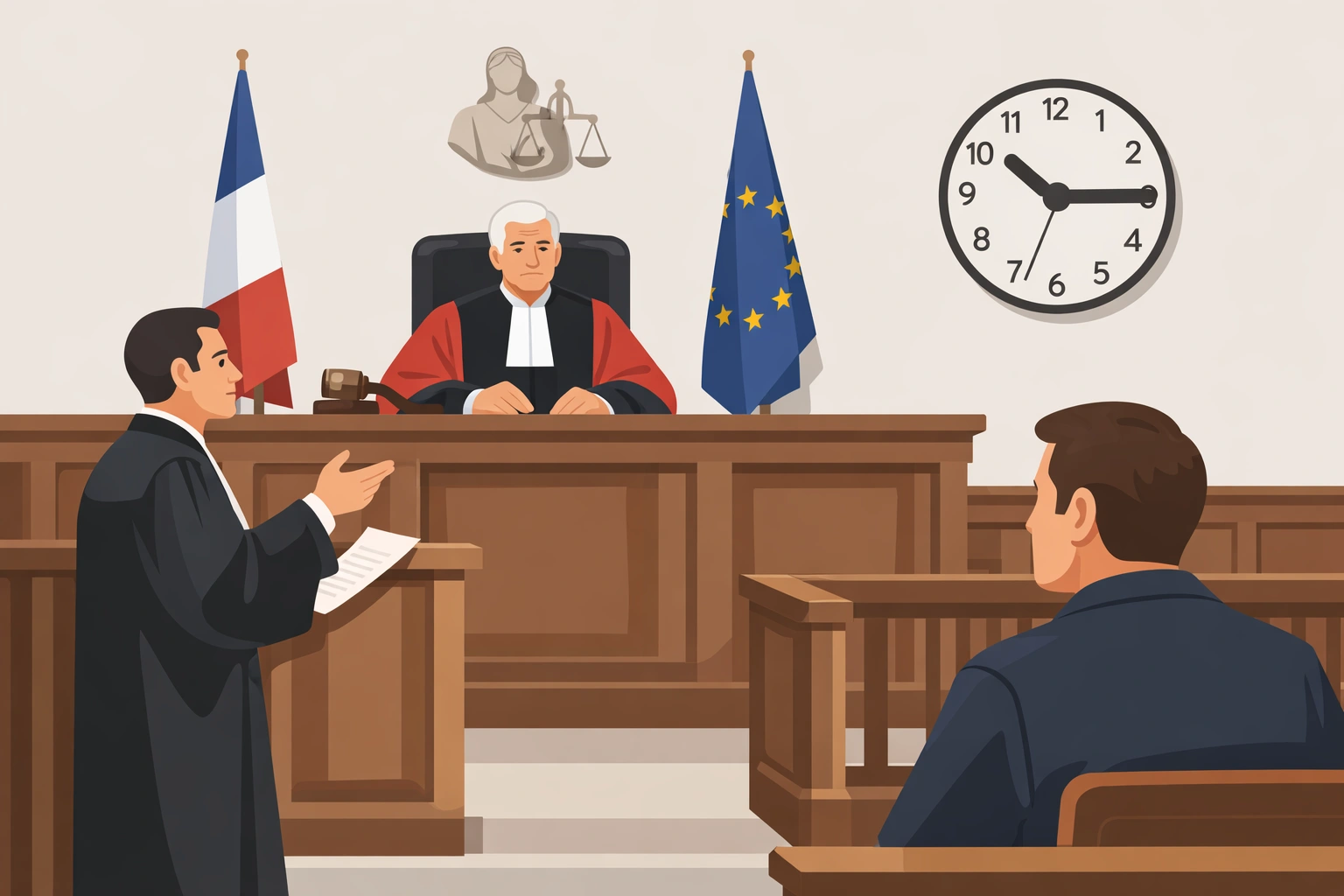 Illustration d’une audience au tribunal français avec juge, avocat plaidant, justiciable assis et horloge murale visible.