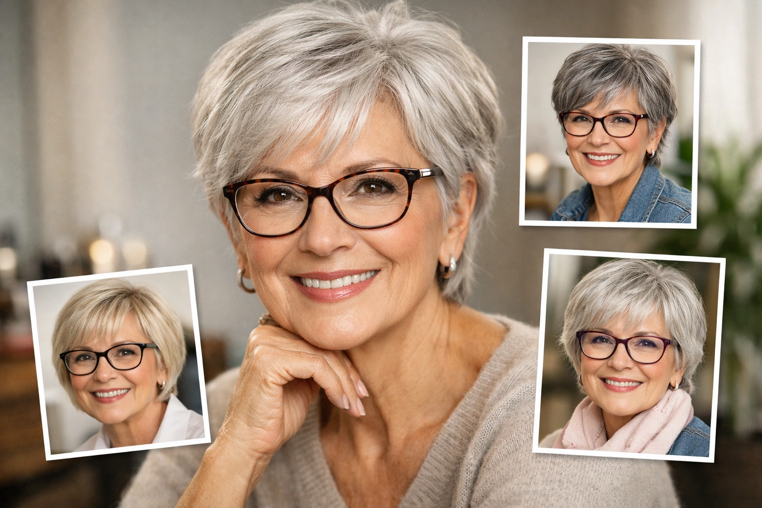 Femme de 60 ans élégante avec lunettes, coupe courte moderne aux cheveux gris, portrait lumineux.