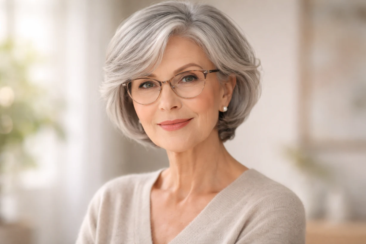 Femme élégante de 65 ans aux cheveux gris courts, portant des lunettes modernes et souriant.