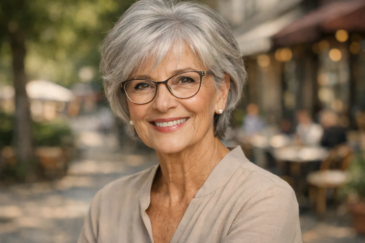 Femme élégante de 70 ans aux cheveux gris courts, souriante, portant des lunettes modernes.