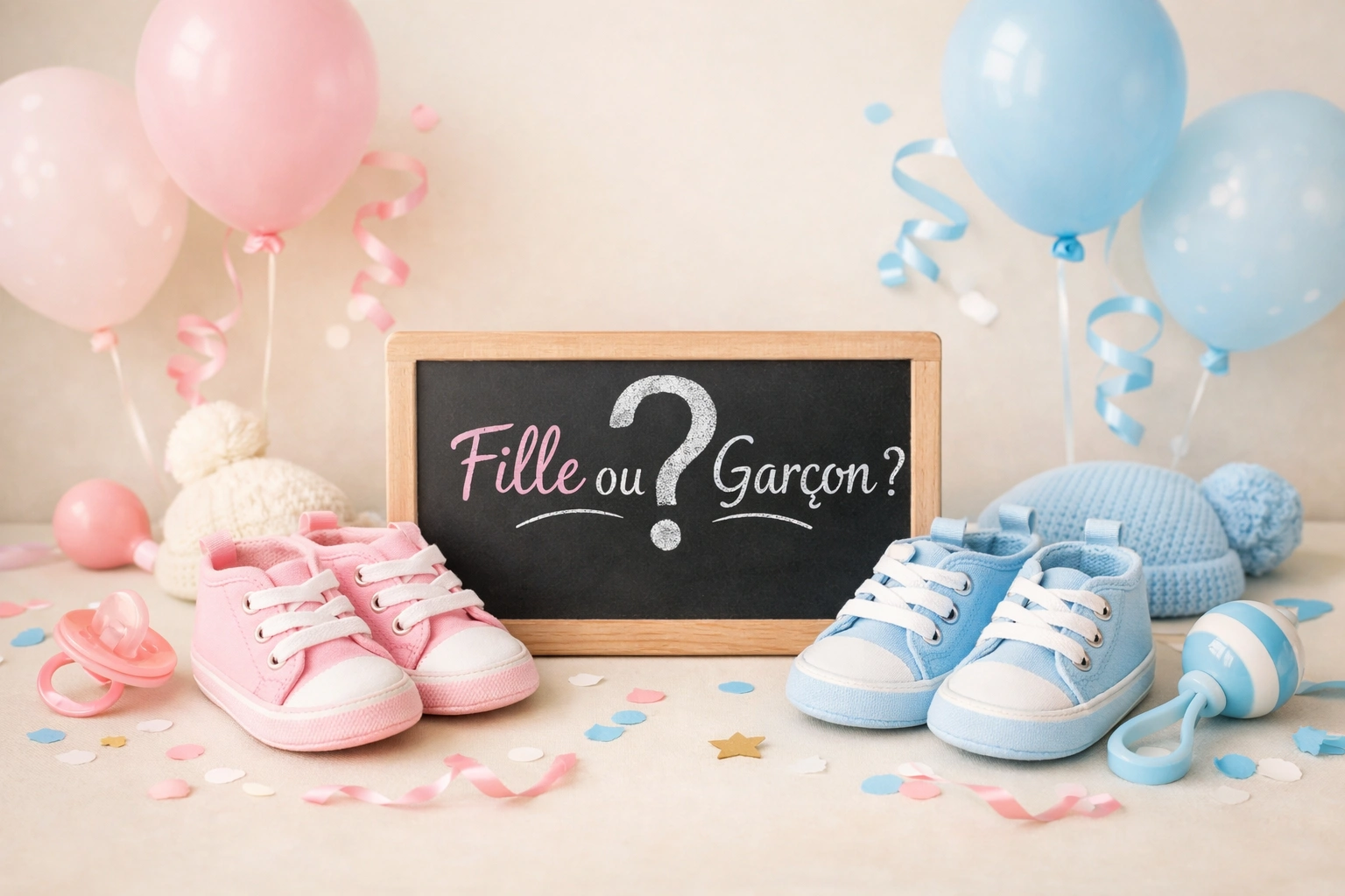 Chaussures bébé rose et bleue avec panneau « Fille ou Garçon ? », décor festif et doux pour annonce de genre en studio