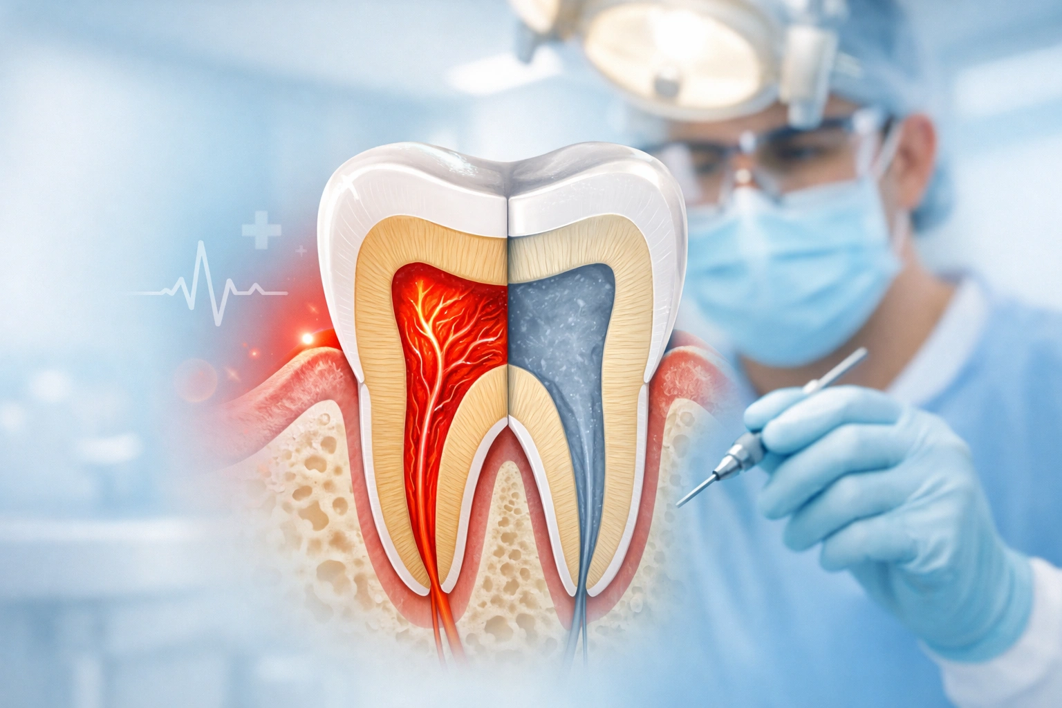 Schéma dentaire montrant une dent en coupe avec nerf enflammé et zone traitée par dévitalisation net.