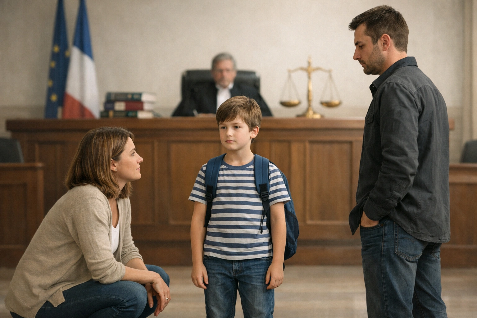 Enfant entre deux parents séparés dans un tribunal, scène calme illustrant le droit de visite légal.