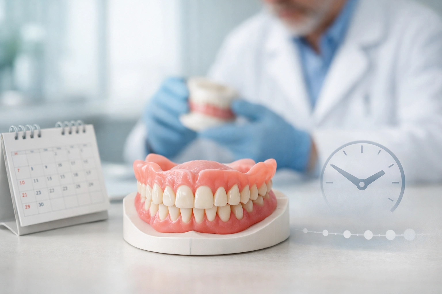 Prothèse dentaire amovible posée en clinique, avec dentiste flou et symboles du temps en arrière-plan médical.