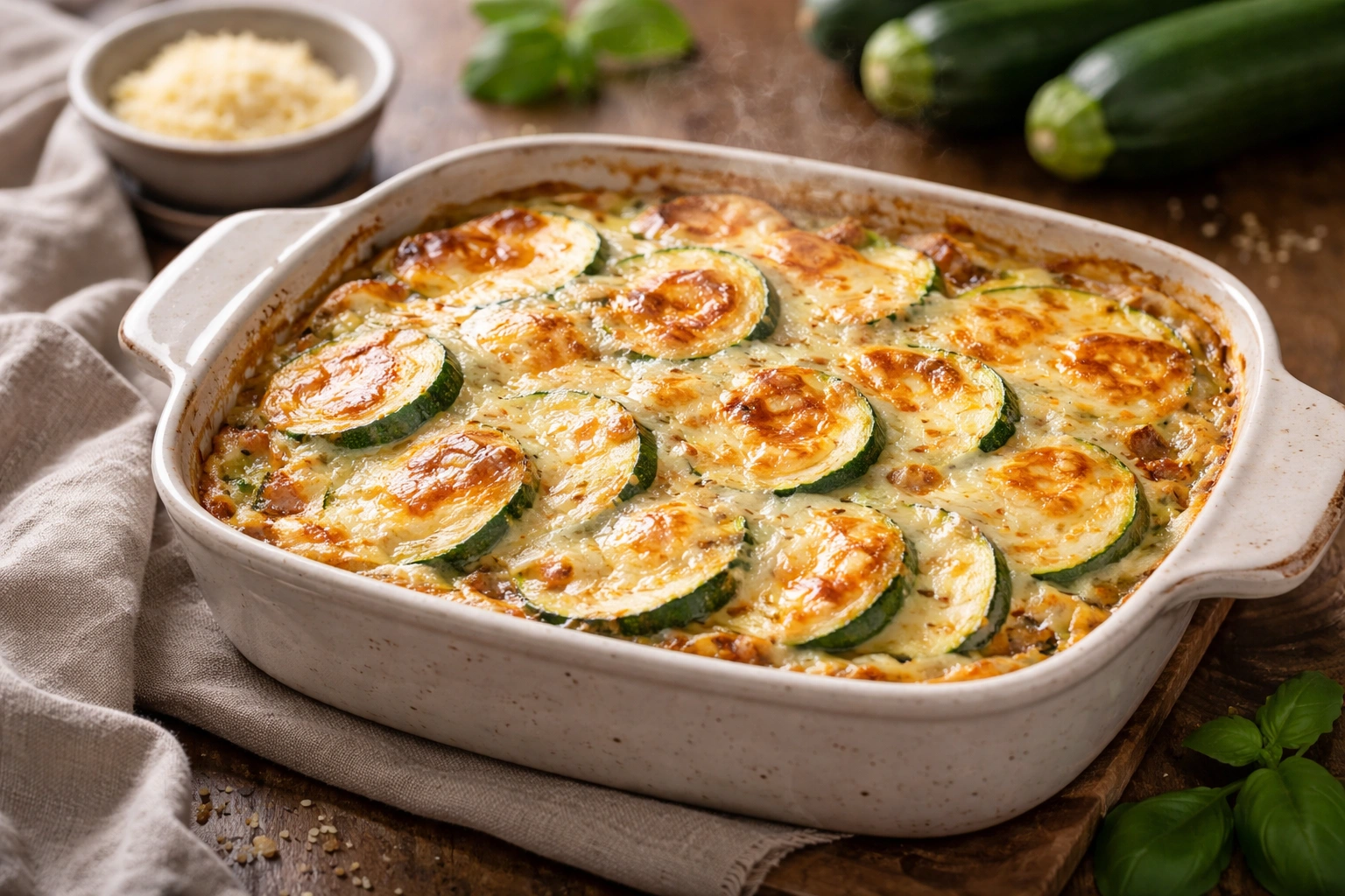 Gratin de courgettes doré au four, sans précuisson, servi chaud dans un plat rustique sur table en bois.