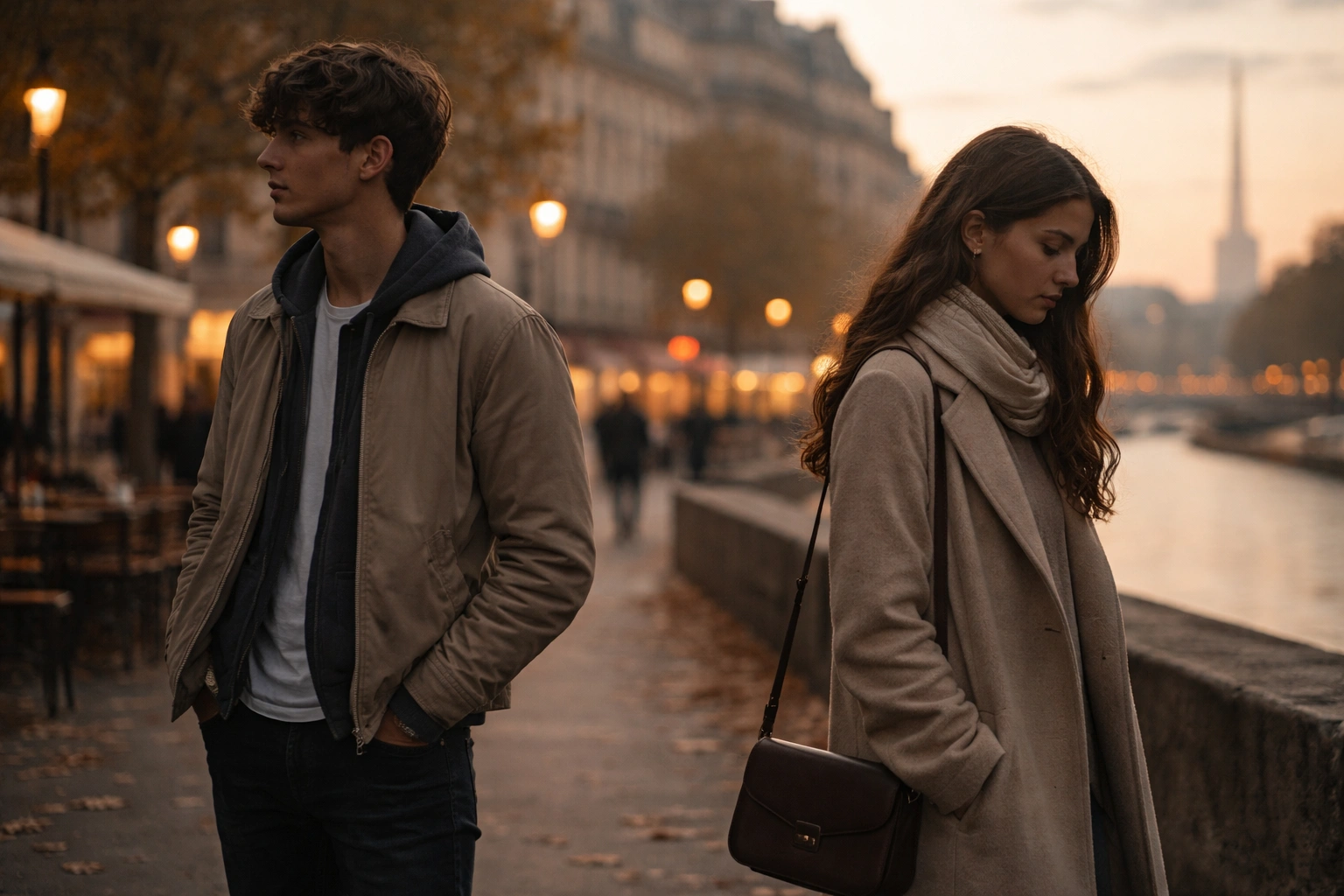 Jeune couple à Paris au crépuscule, séparé et pensif près de la Seine, ambiance douce et mélancolique.