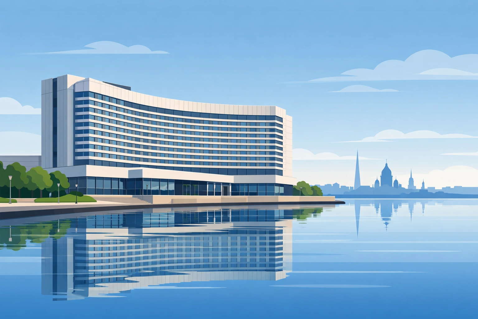 Illustration du Park Inn Pribaltiyskaya à Saint-Pétersbourg au bord de l’eau, ciel clair et reflets calmes.