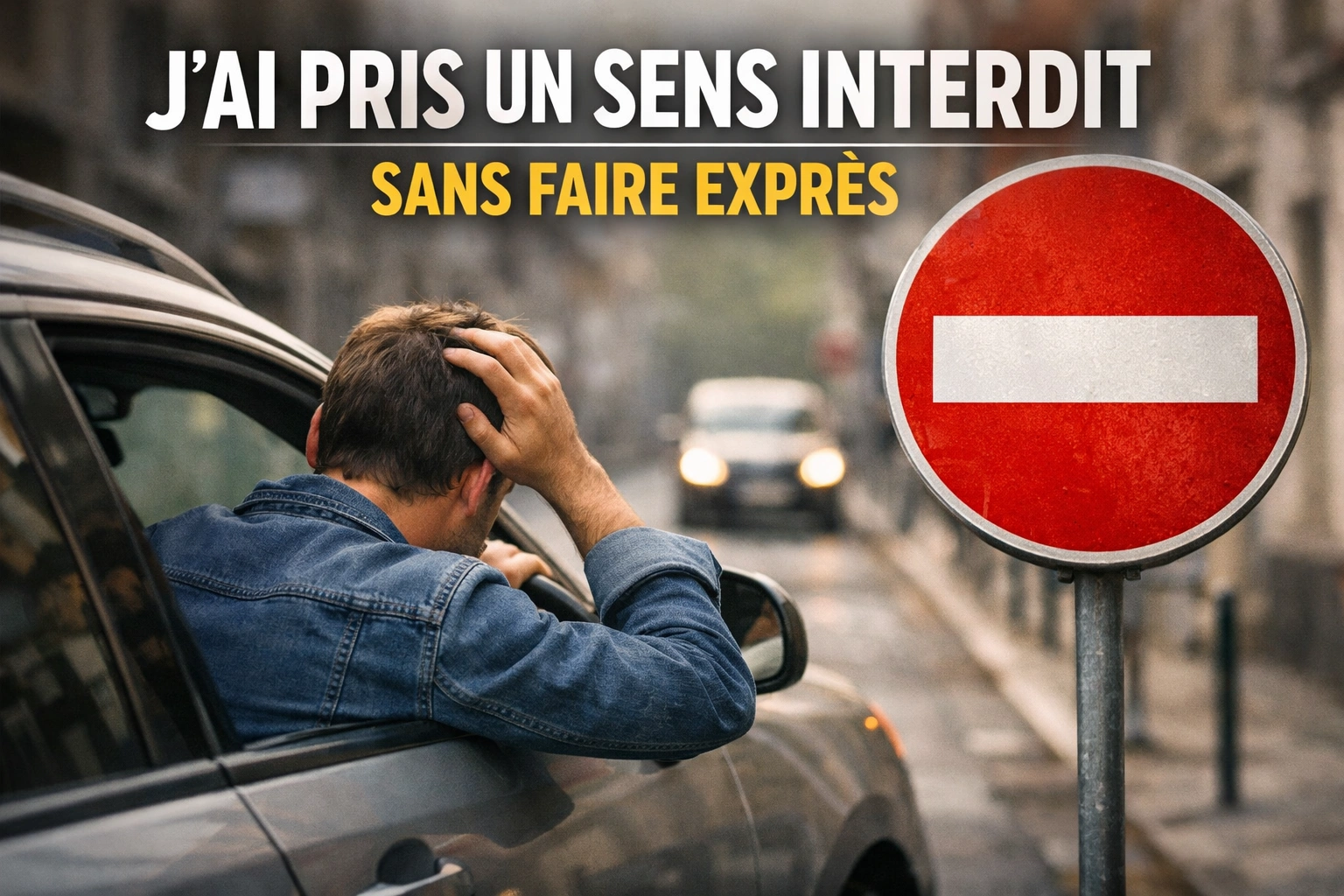 Conducteur engagé par erreur dans une rue à sens interdit en ville, panneau rouge visible et ambiance urbaine calme.