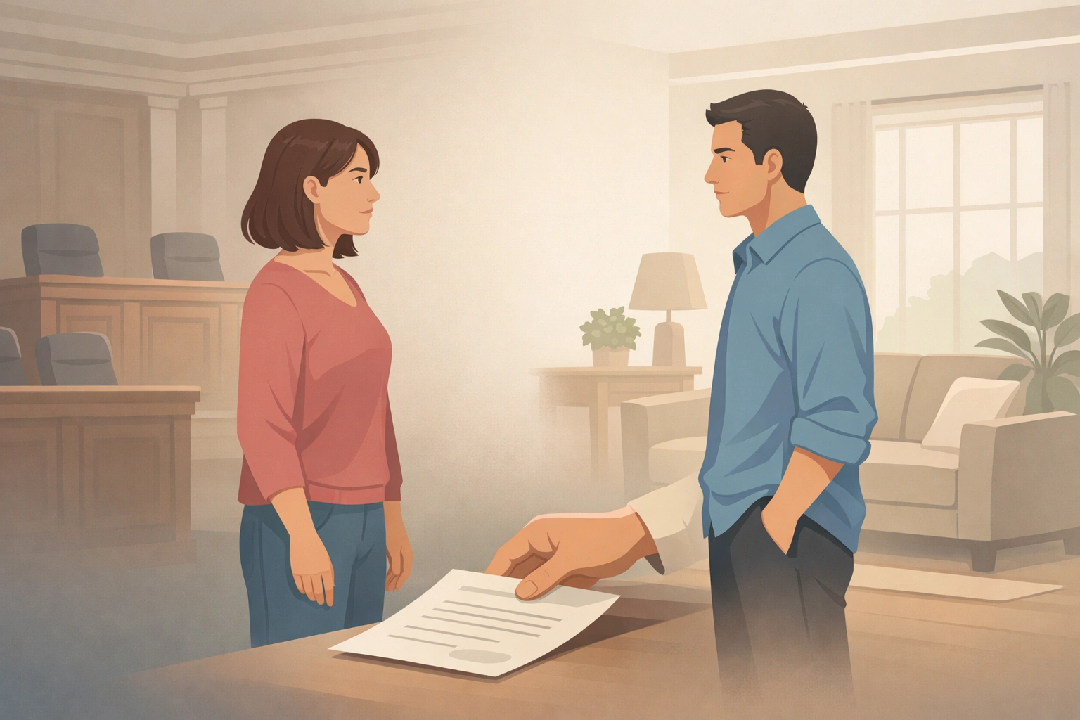 Illustration montrant un couple face à face, entre tribunal et foyer, symbolisant le retrait d’une plainte.