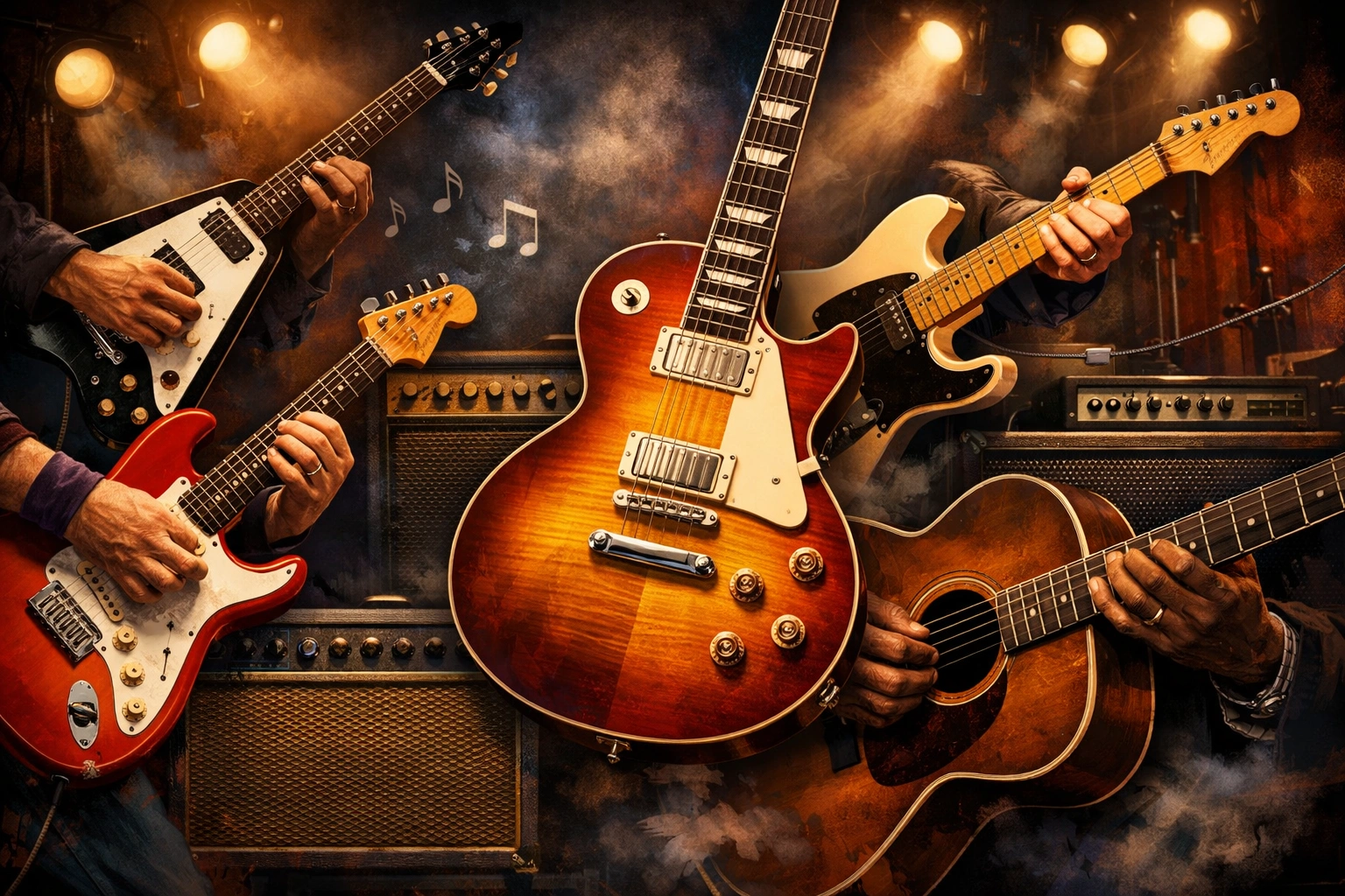 Illustration de guitares mythiques sur scène, mains en action, amplis et lumières, hommage aux légendes.