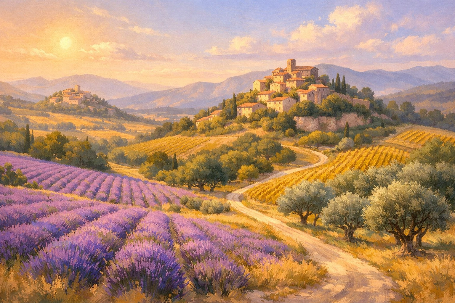 Paysage ensoleillé de la Drôme provençale avec champs de lavande, vignobles dorés et village perché en collines.