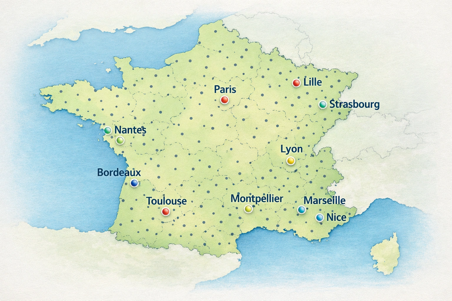 Carte de la France montrant les 100 plus grandes villes, avec les principales agglomérations clairement localisées.