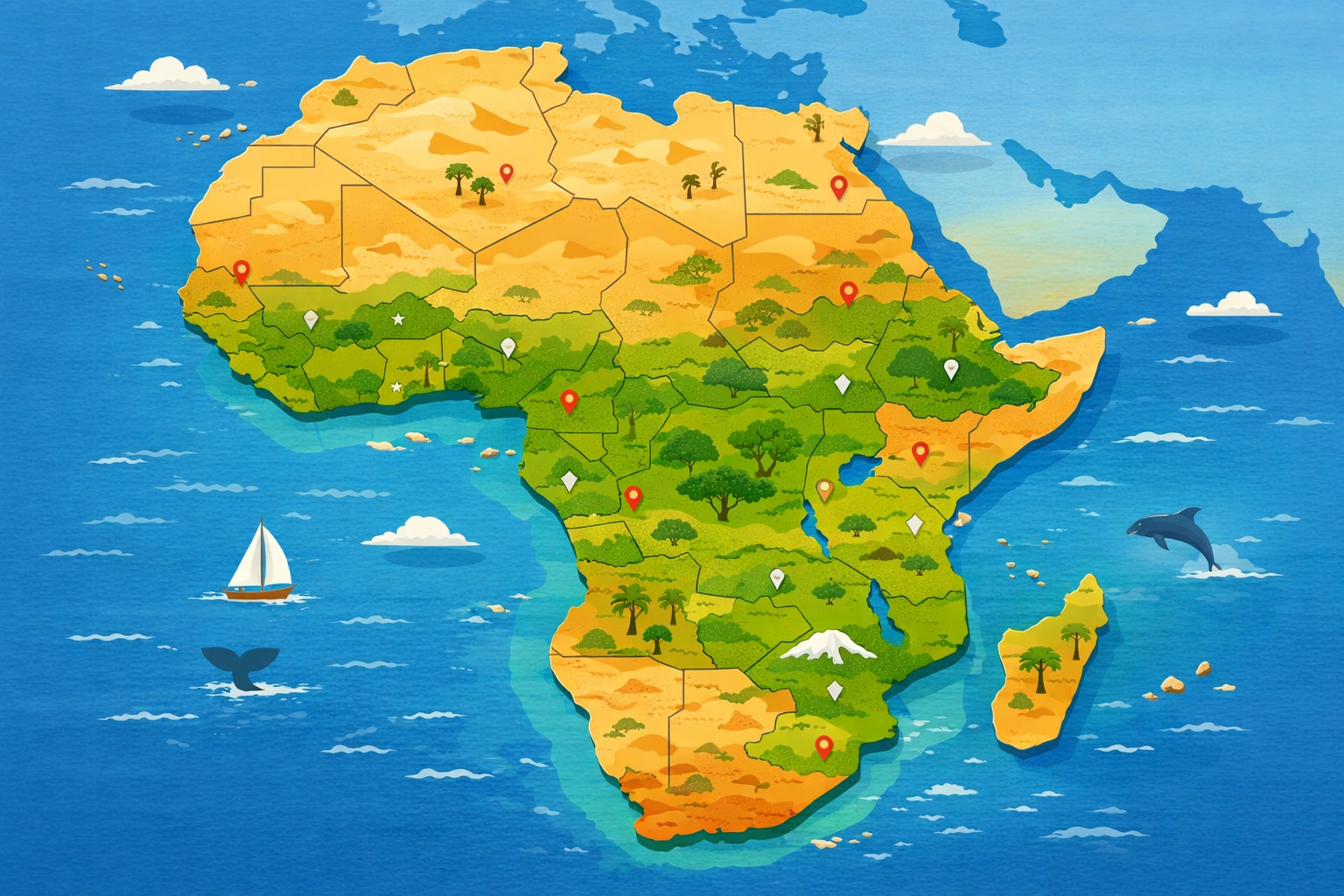 Illustration colorée de la carte de l’Afrique avec frontières, paysages naturels et repères discrets.