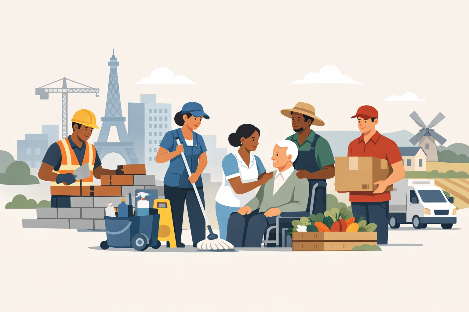 Illustration de travailleurs exerçant construction, ménage, soins, agriculture livraison en France.