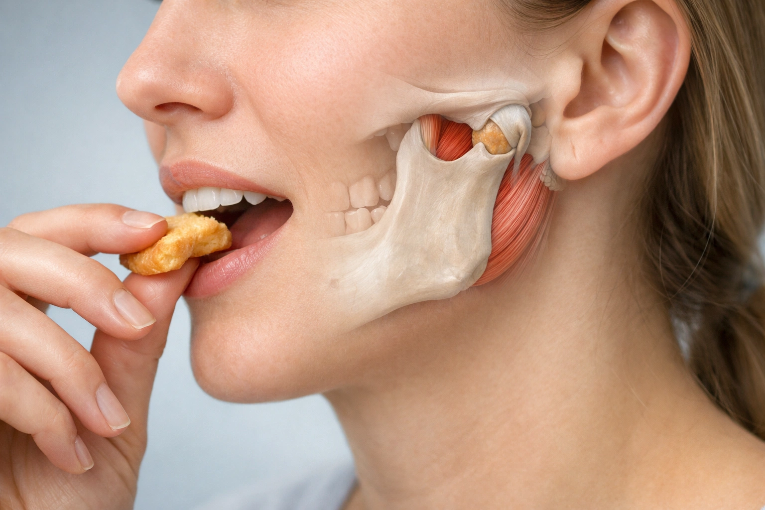 Illustration médicale d’une mâchoire avec l’articulation temporo-mandibulaire visible en mangeant.