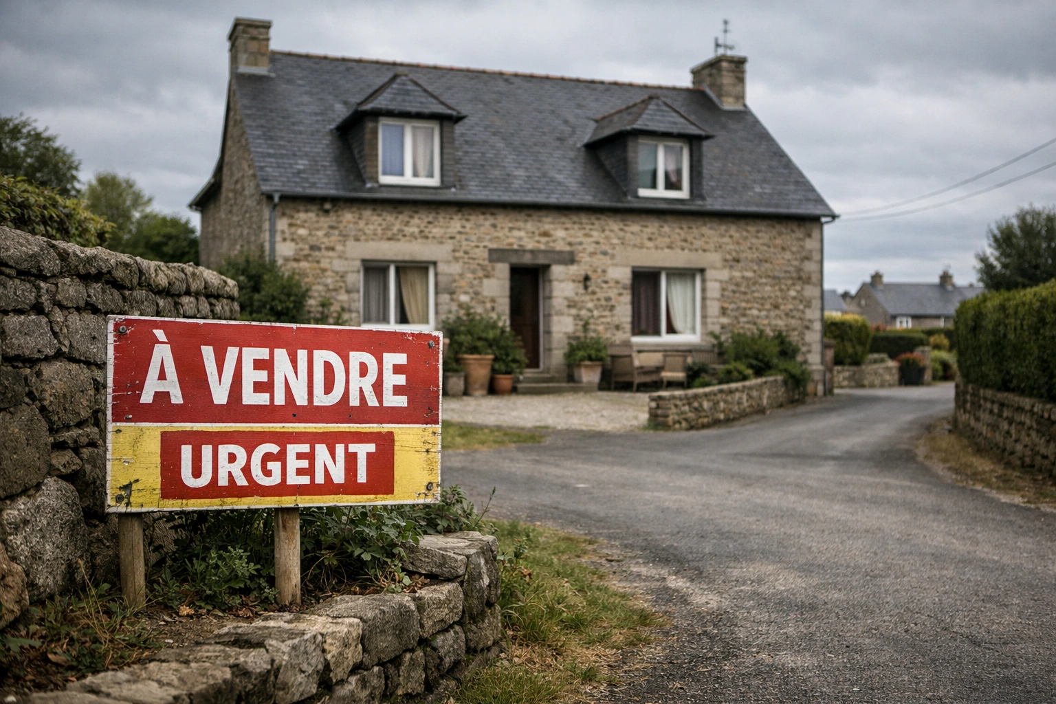 Maison normande en pierre à vendre en urgence, panneau À vendre, rue calme sous ciel gris en Manche.