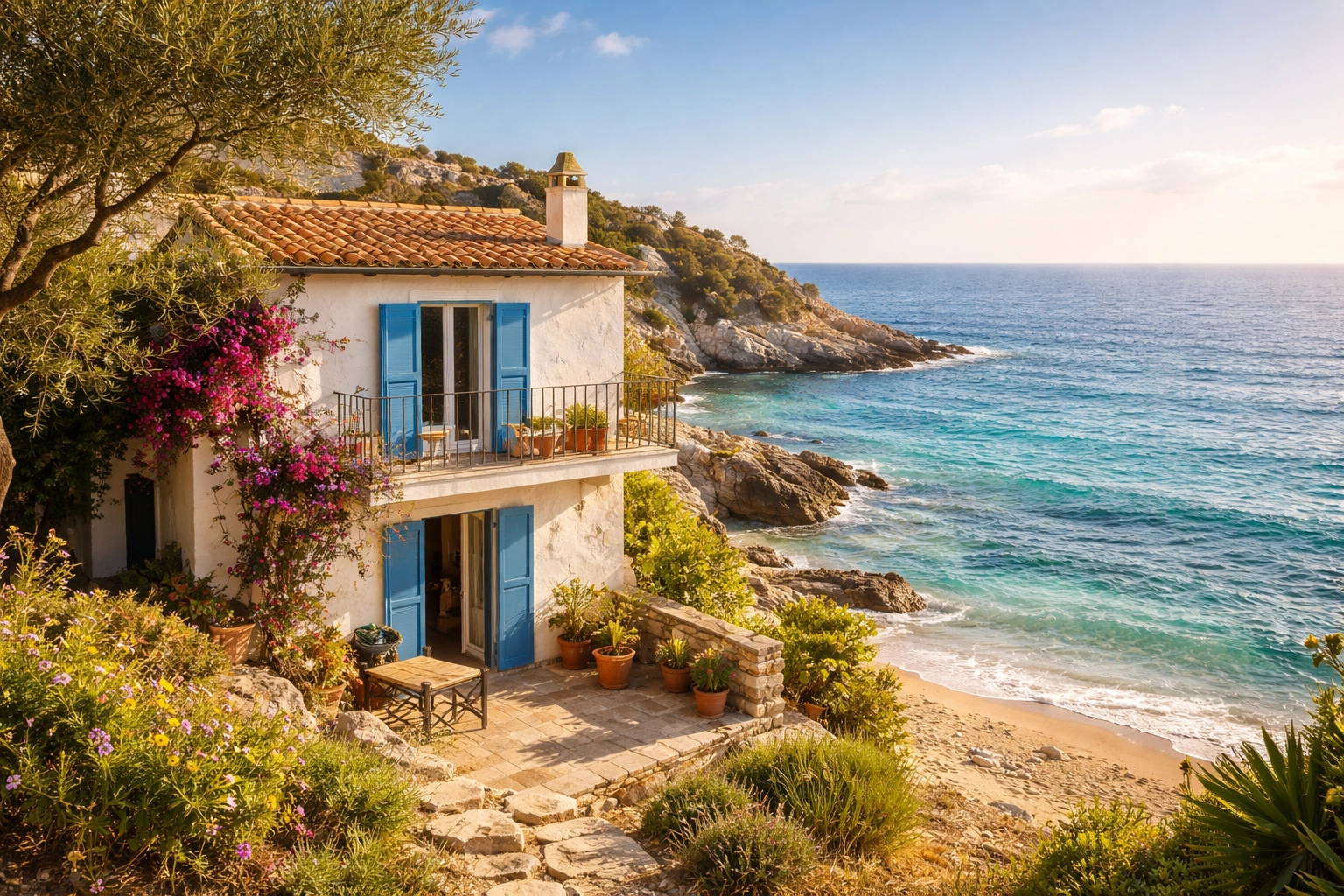 Maison côtière en Italie du Sud avec volets bleus, toit en tuiles et vue sur la mer Méditerranée été.