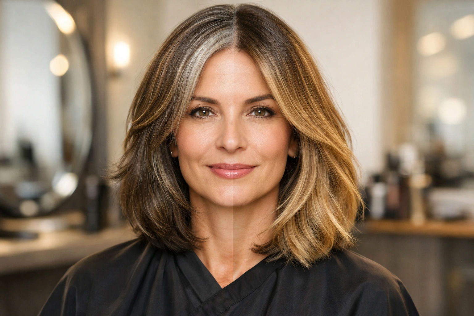 Femme aux cheveux grisonnants en salon, mèches d’un côté et balayage de l’autre pour cacher les cheveux blancs.