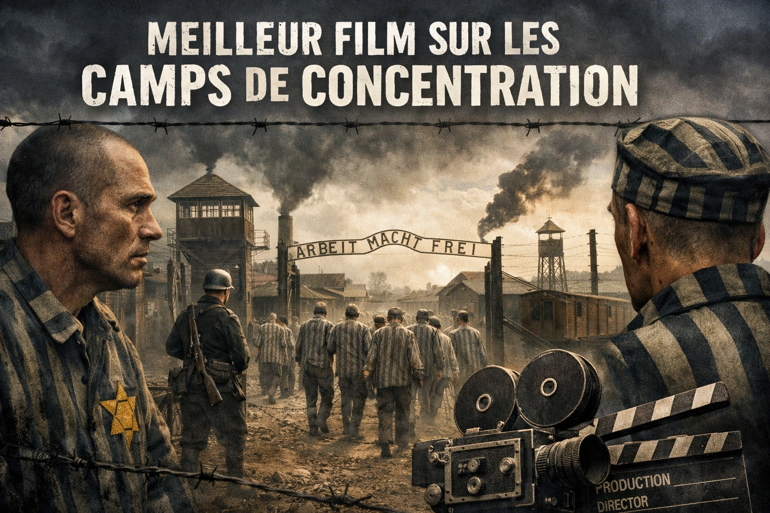 Scène sombre de camp de concentration avec barbelés, prisonniers en tenue rayée et miradors.