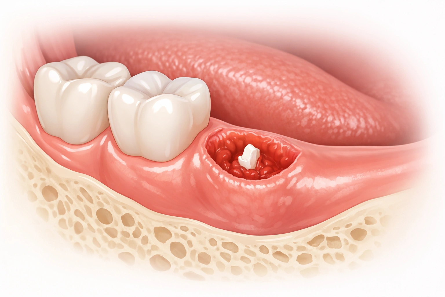 Illustration médicale d’une gencive après extraction d’une dent de sagesse avec un petit fragment blanc visible.