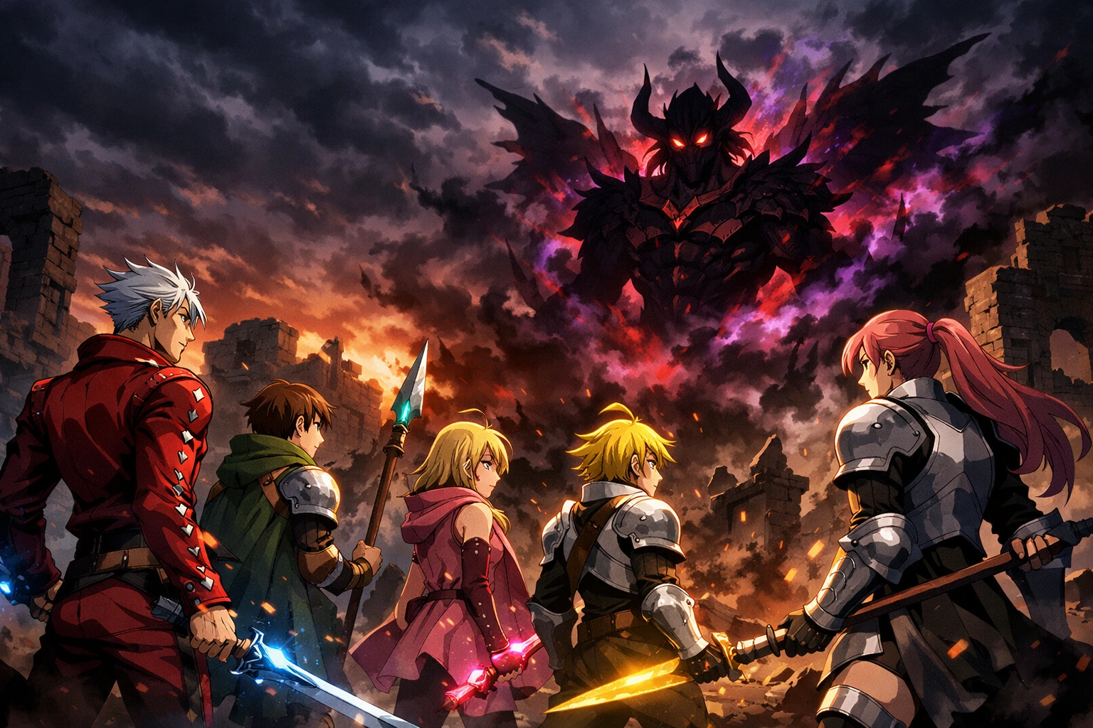 Scène anime épique montrant des chevaliers unis face à une présence démoniaque au crépuscule sombre.