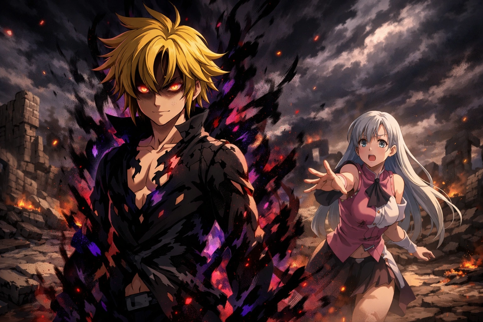 Meliodas enveloppé d’une aura sombre tandis qu’Elizabeth tente de l’arrêter sur un champ de bataille en ruines.