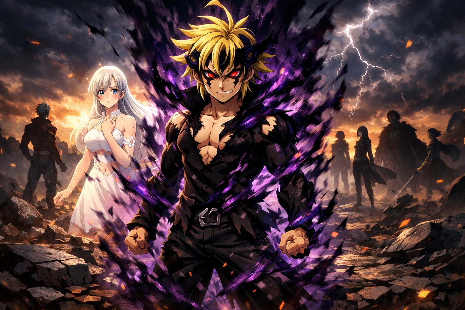 Meliodas en forme démoniaque avec Elizabeth lumineuse sur un champ de bataille en ruines.