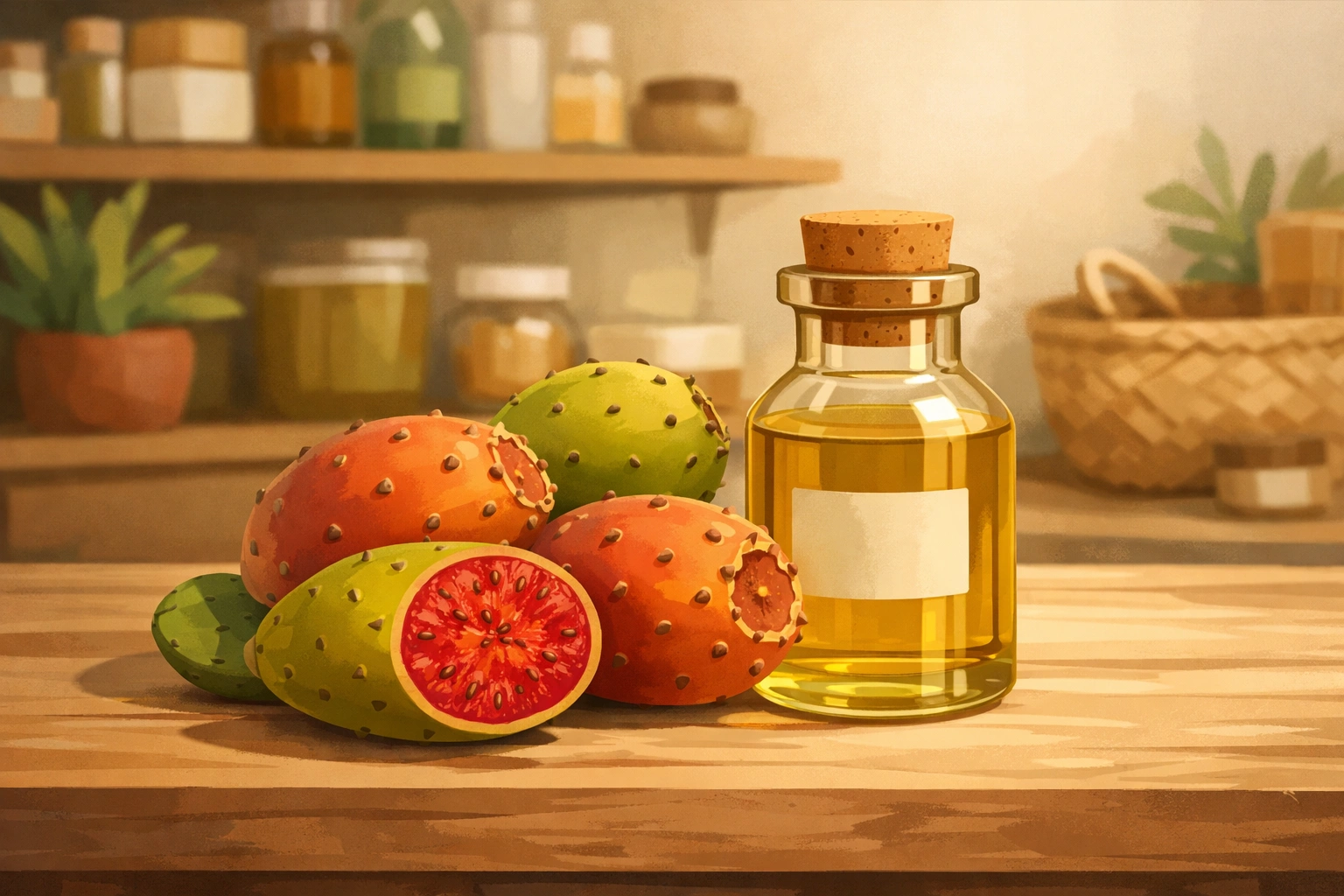 Illustration d’une bouteille d’huile de pépins de figue de barbarie avec fruits de cactus sur étagère naturelle.