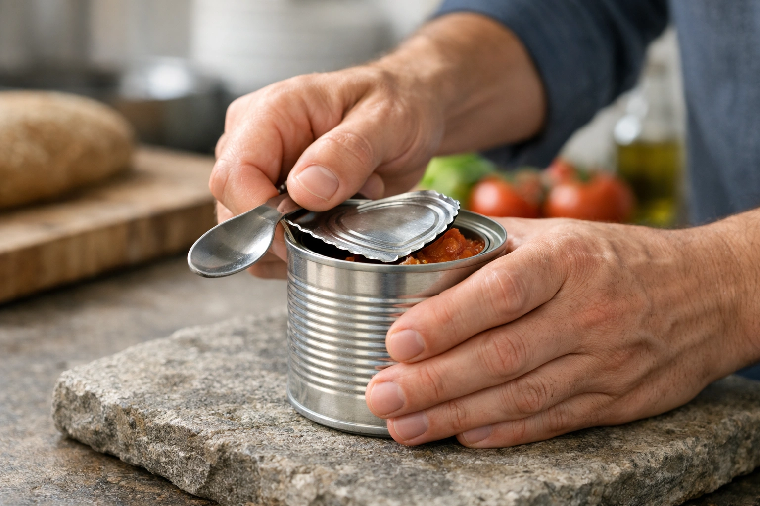 Mains ouvrant une boîte de conserve sans ouvre-boîte avec une cuillère sur un plan de cuisine simple.