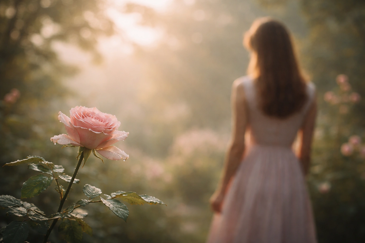 Jeune femme dans un jardin à l’aube, robe pastel, regard lointain, rose rose perlée de rosée air pur.