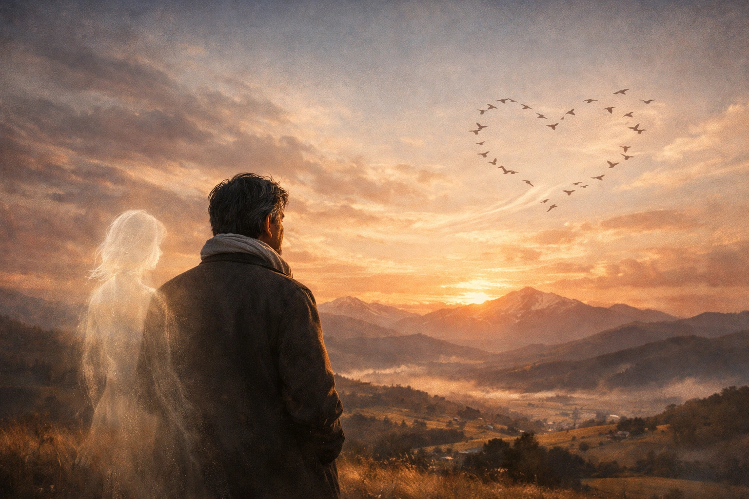 Homme solitaire face aux collines au coucher du soleil, silhouette lumineuse et oiseaux en forme de cœur.