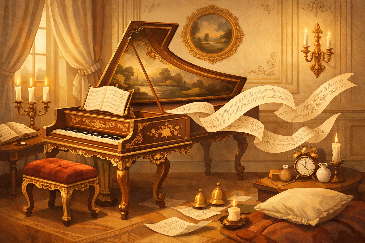 Illustration baroque française avec clavecin ancien, partitions flottantes et lumière douce dans un intérieur du XVIIIe siècle.