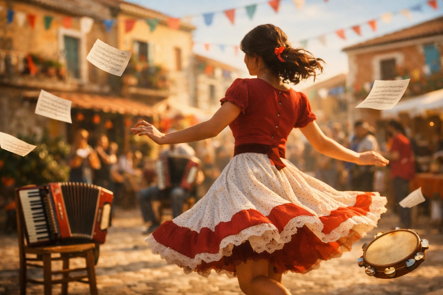 Femme adulte dansant sur une place méditerranéenne festive, musique folklorique et lumière dorée.