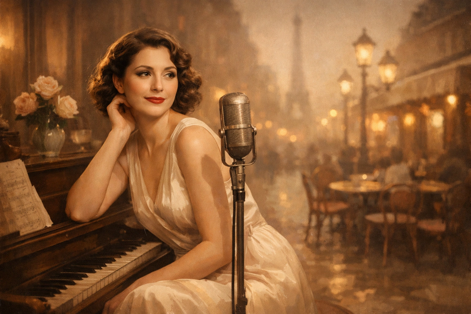 Chanteuse élégante des années 1930 à Paris, ambiance romantique et vintage, piano ancien et lumière tamisée.