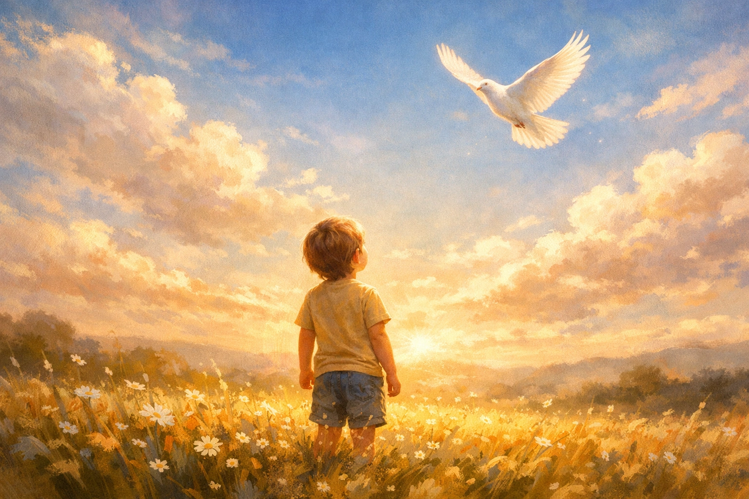 Un enfant regarde un oiseau blanc voler au-dessus d’un champ ensoleillé, symbole de liberté et d’espoir.